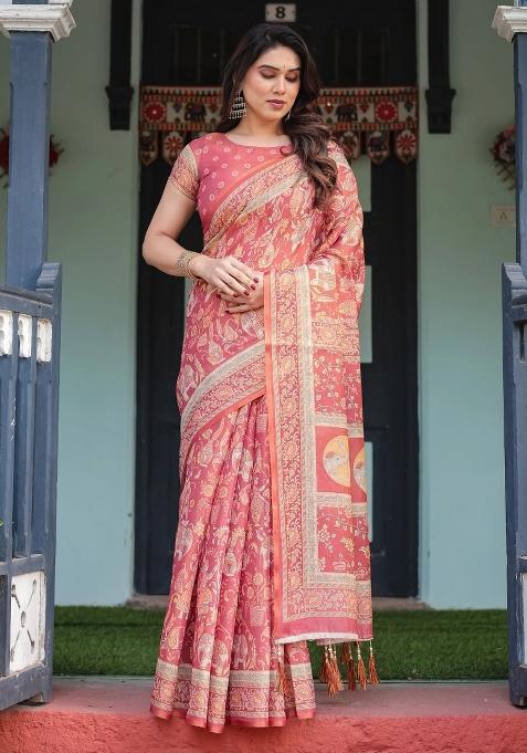 Crimson Printed Cotton Saree Set