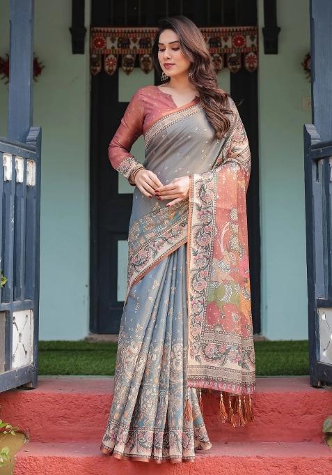 Multicolor Printed Cotton Saree Set