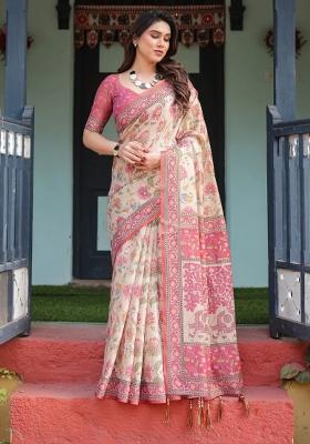Cream Printed Cotton Saree Set