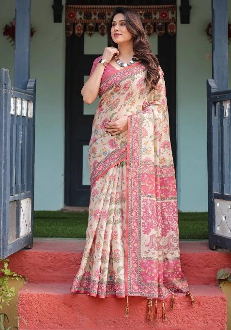 Cream Printed Cotton Saree Set