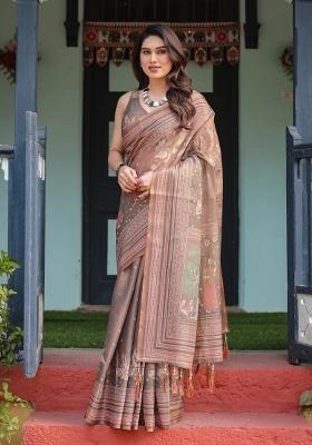 Olive Printed Cotton Saree Set
