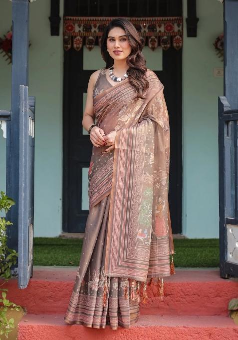 Olive Printed Cotton Saree Set