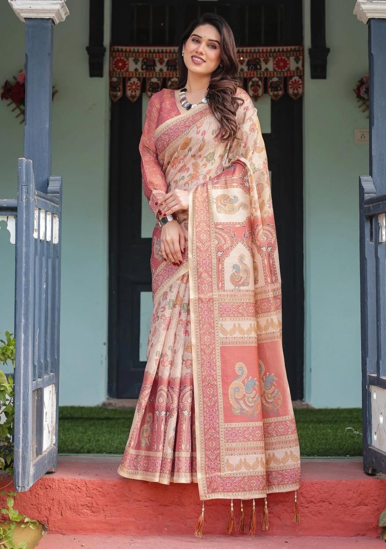 Cream Printed Cotton Saree Set