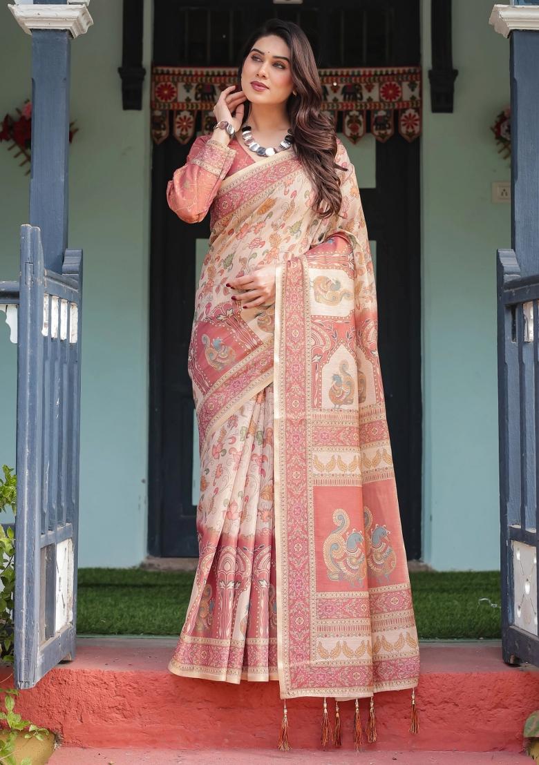 Cream Printed Cotton Saree Set