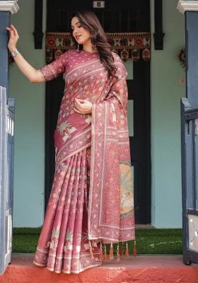 Mauve Printed Cotton Saree Set