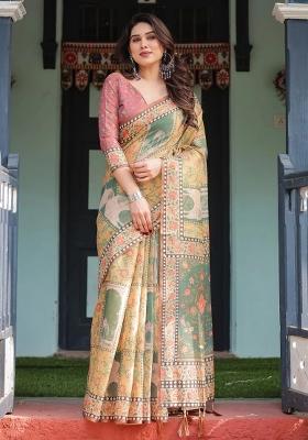 Mustard Printed Cotton Saree Set