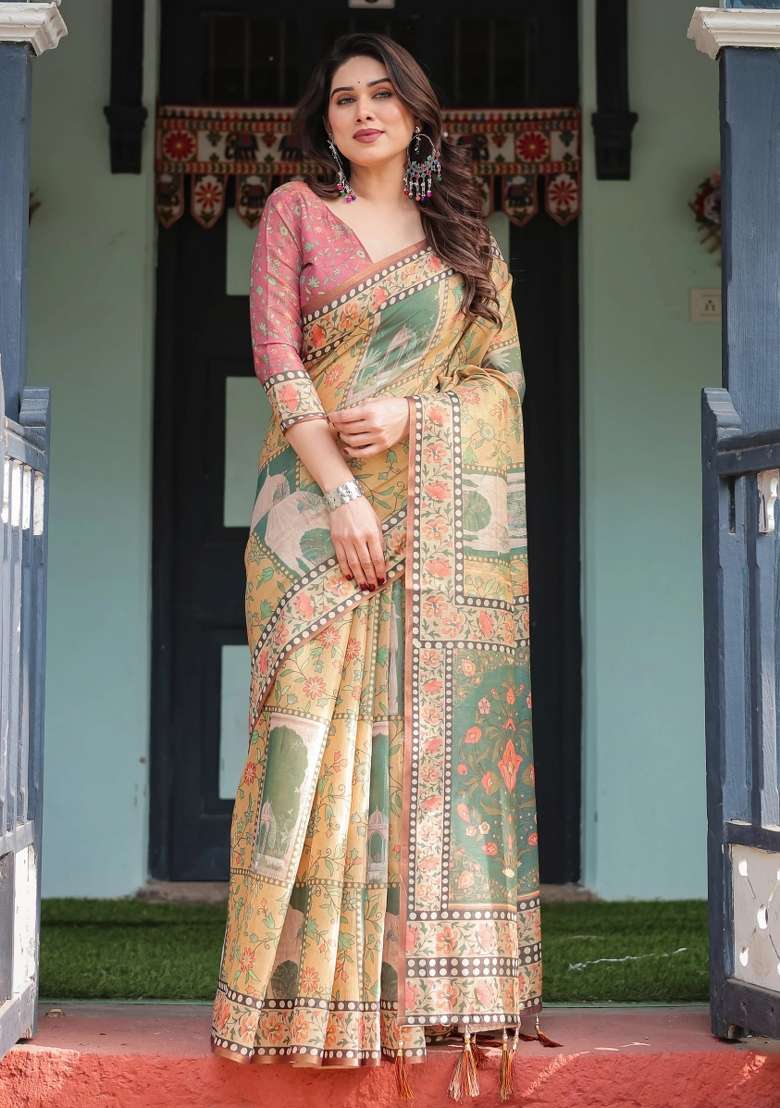 Mustard Printed Cotton Saree Set - Indya