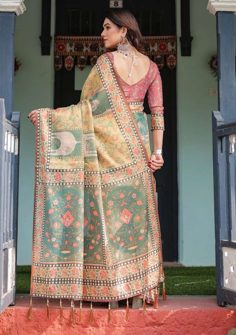 Mustard Printed Cotton Saree Set - Indya