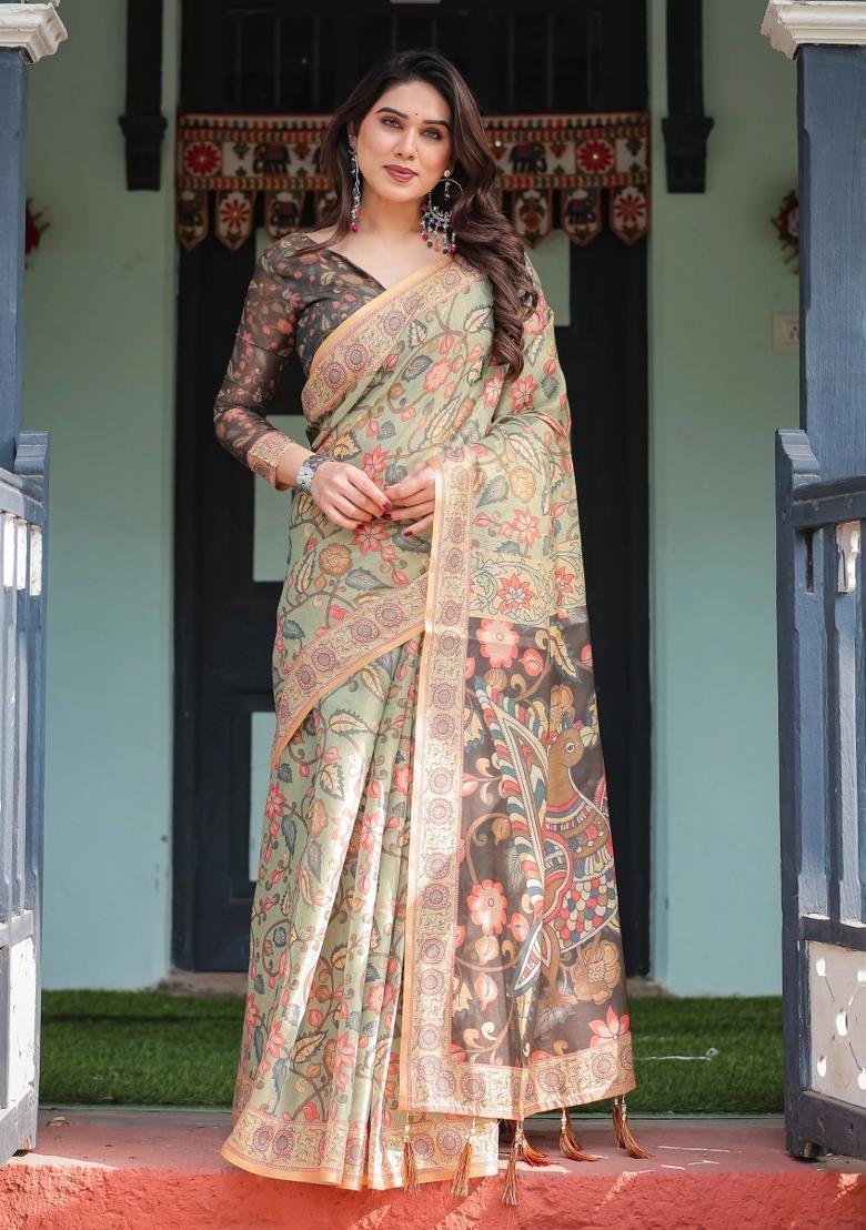Multicolor Printed Cotton Saree Set