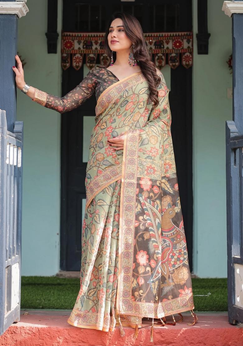 Multicolor Printed Cotton Saree Set