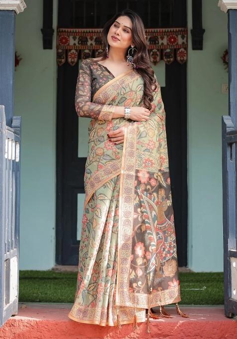 Multicolor Printed Cotton Saree Set