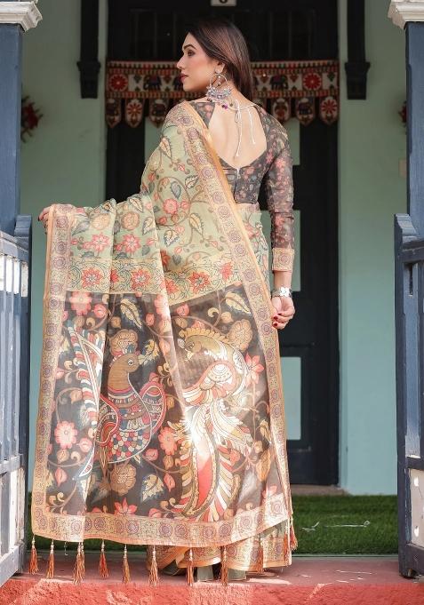 Multicolor Printed Cotton Saree Set