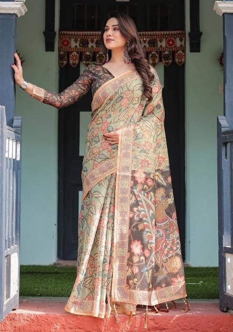 Multicolor Printed Cotton Saree Set