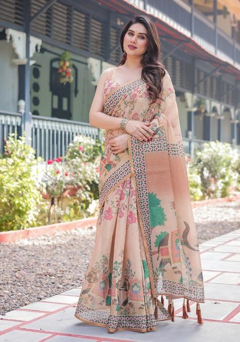 Beige Printed Cotton Saree Set