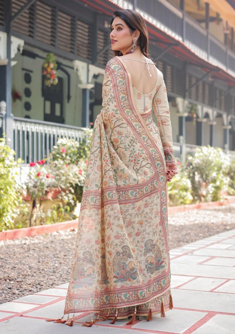 Ivory Printed Cotton Saree Set