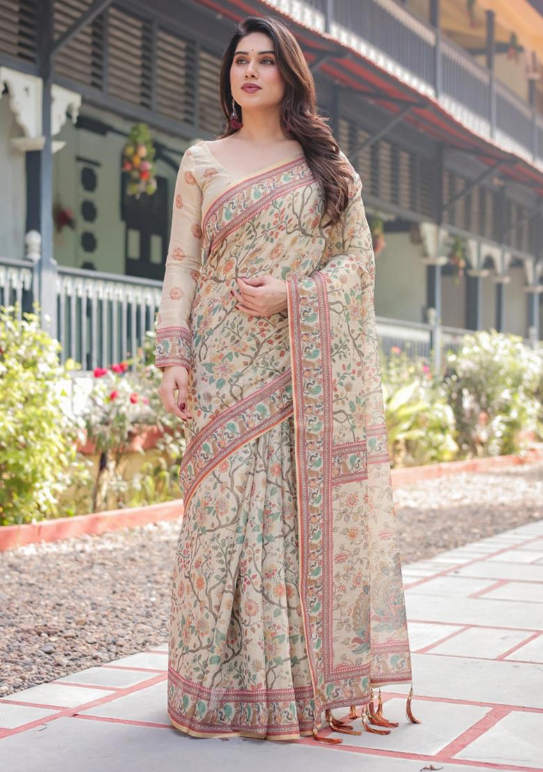 Ivory Printed Cotton Saree Set