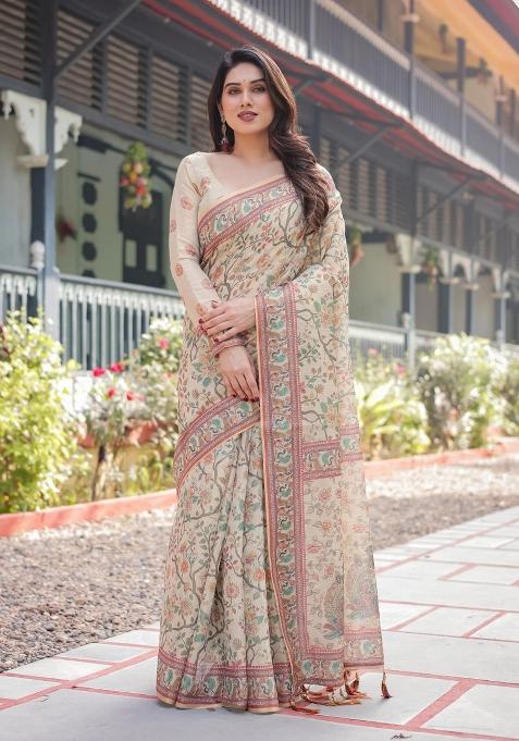 Ivory Printed Cotton Saree Set