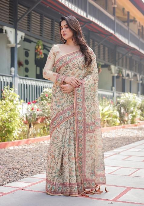 Ivory Printed Cotton Saree Set