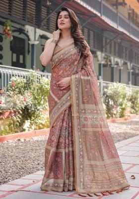 Rust Printed Cotton Saree Set