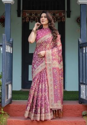 Magenta Printed Cotton Saree Set