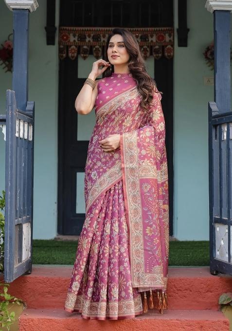 Magenta Printed Cotton Saree Set