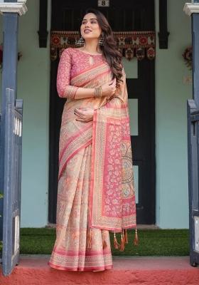 Peach Printed Cotton Saree Set