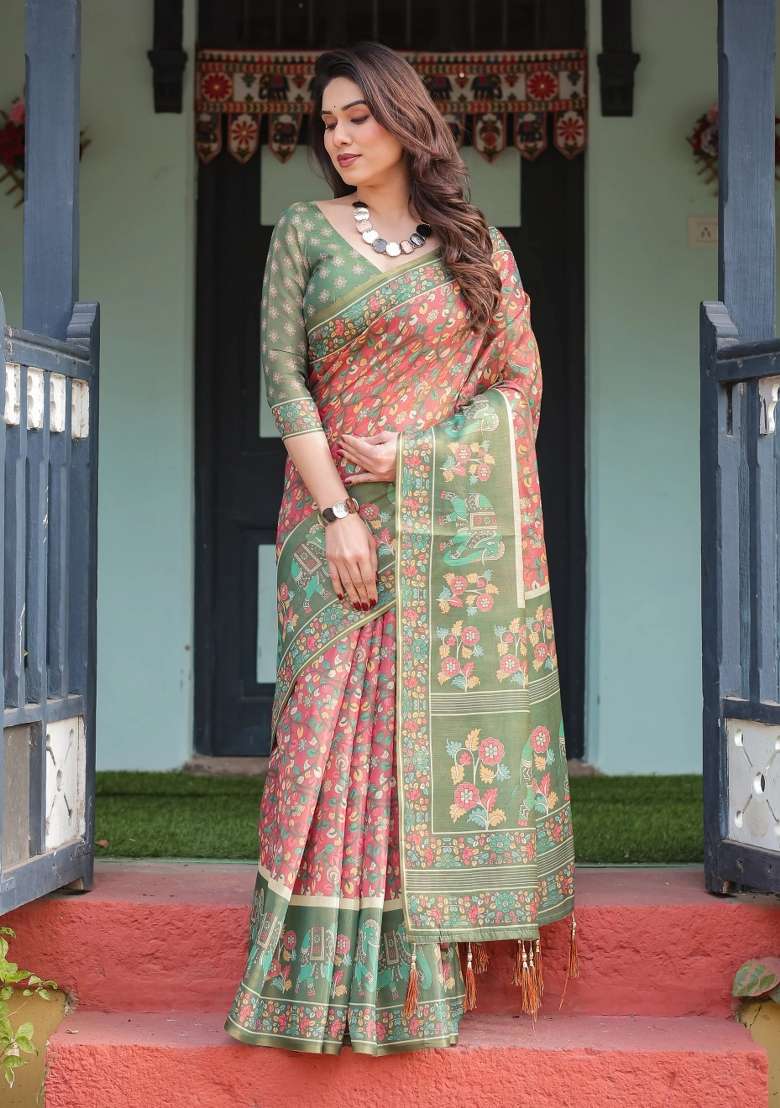 Green Printed Cotton Saree Set - Indya