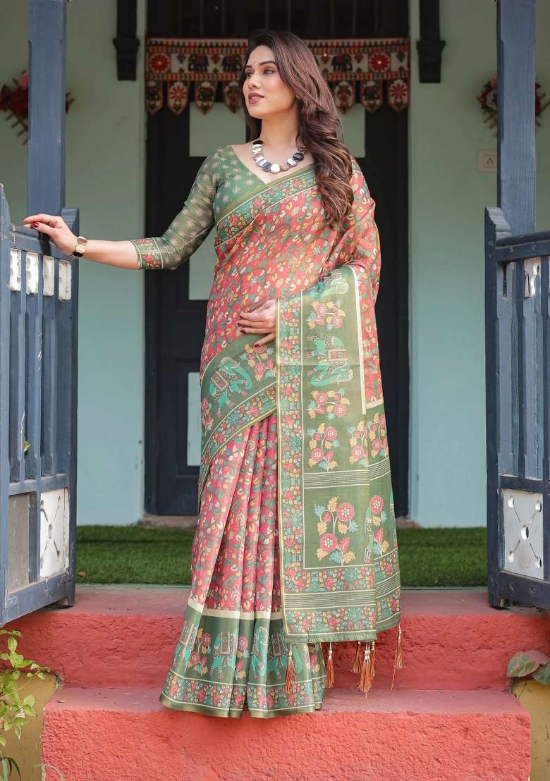 Green Printed Cotton Saree Set - Indya