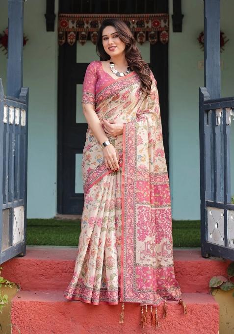 Cream Printed Cotton Saree Set