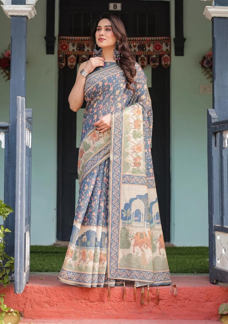 Multicolor Printed Cotton Saree Set