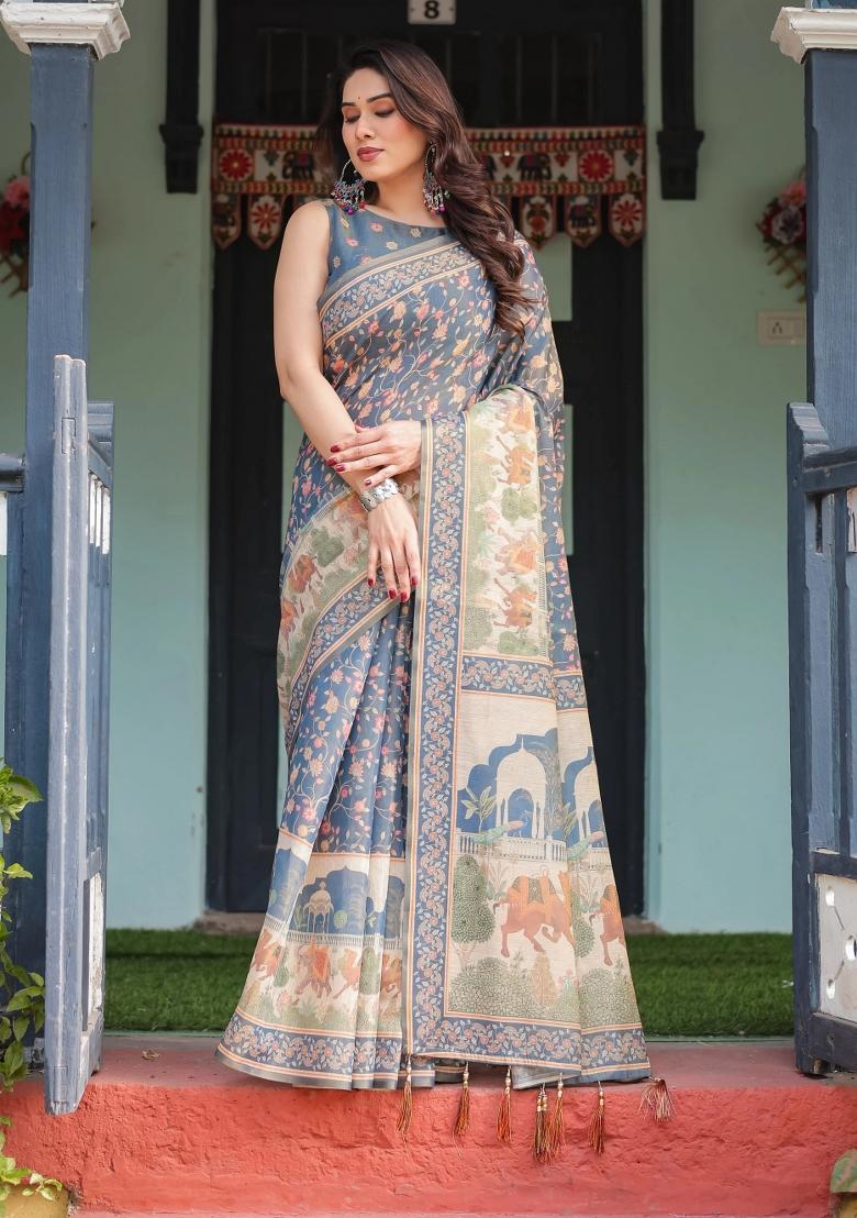 Multicolor Printed Cotton Saree Set