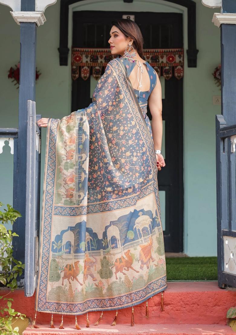 Multicolor Printed Cotton Saree Set