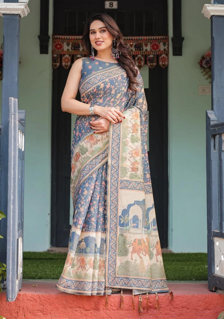 Multicolor Printed Cotton Saree Set