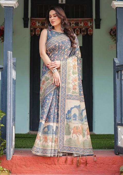Multicolor Printed Cotton Saree Set