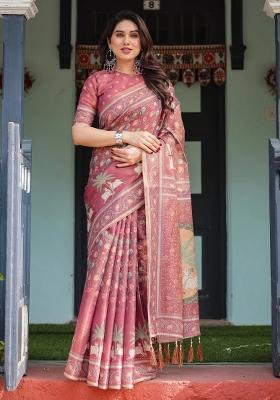 Mauve Printed Cotton Saree Set