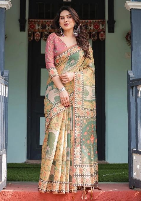 Mustard Printed Cotton Saree Set