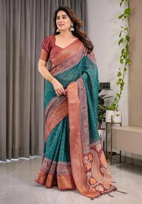 Green Printed Cotton Linen Saree Set