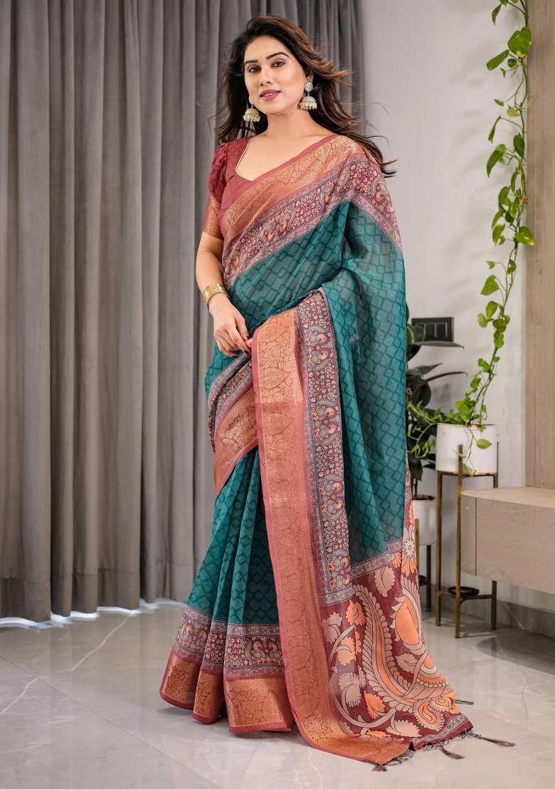Green Printed Cotton Linen Saree Set - Indya