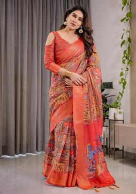 Red Printed Cotton Linen Saree Set