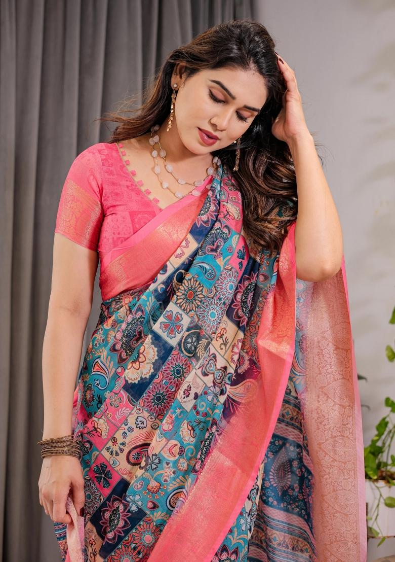 Multicolor Printed Cotton Linen Saree Set