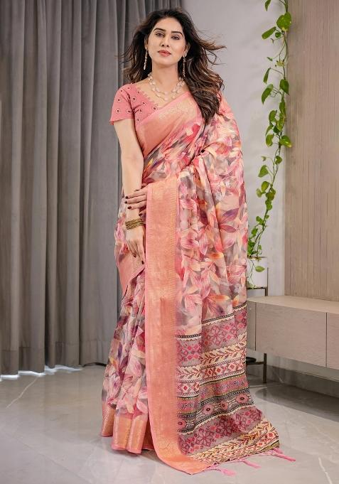 Pink Printed Cotton Linen Saree Set