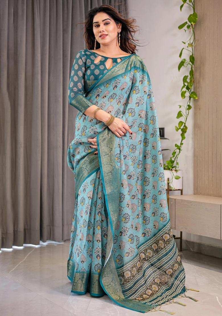 Blue Printed Cotton Linen Saree Set - Indya