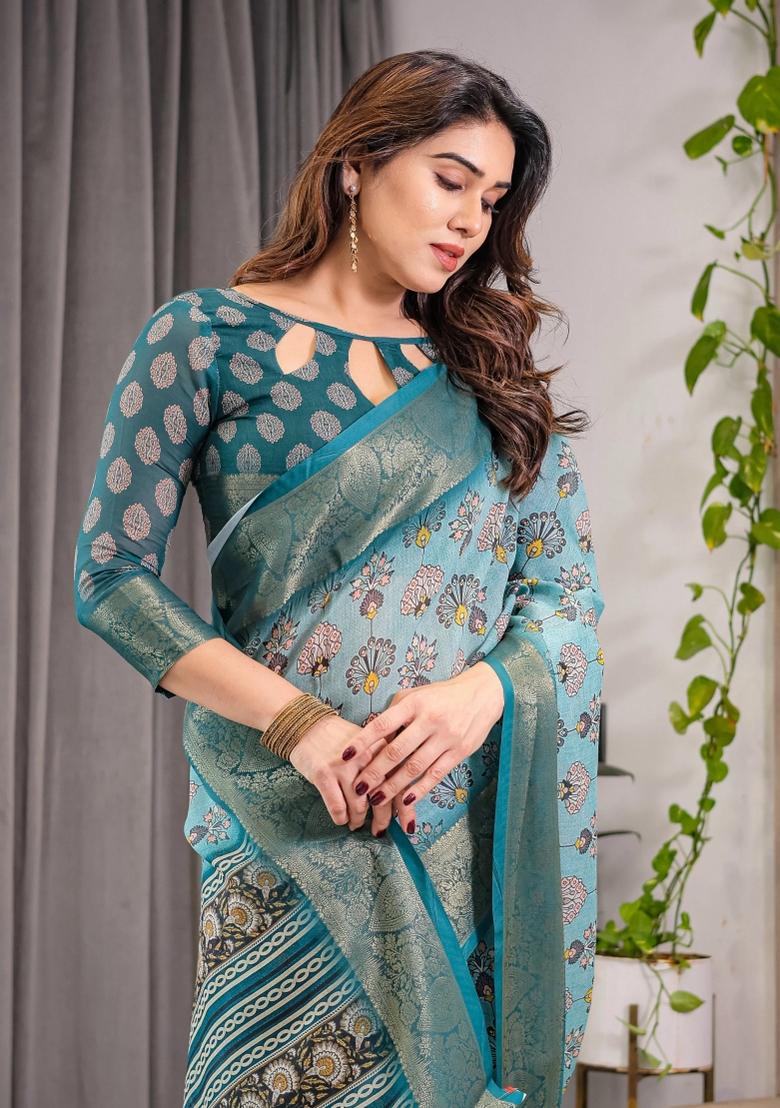 Blue Printed Cotton Linen Saree Set - Indya