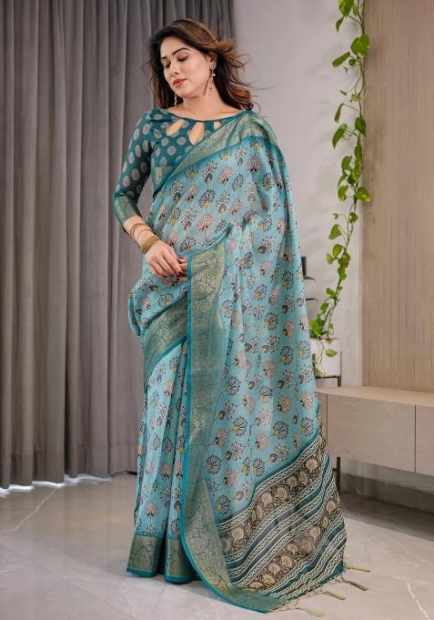 Blue Printed Cotton Linen Saree Set