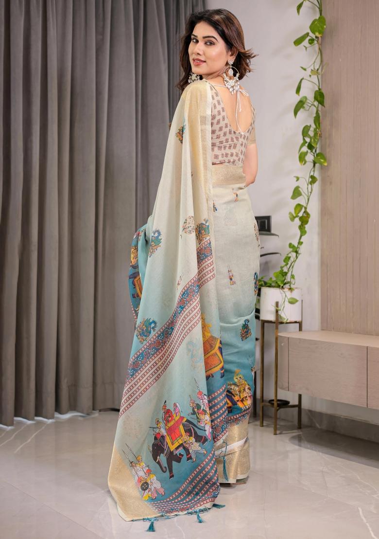 Teal Printed Cotton Linen Saree Set