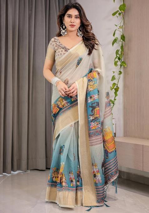 Teal Printed Cotton Linen Saree Set
