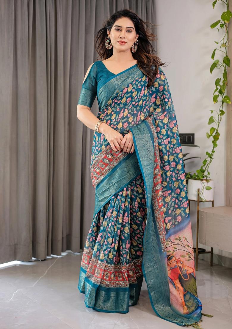 Blue Printed Cotton Linen Saree Set - Indya