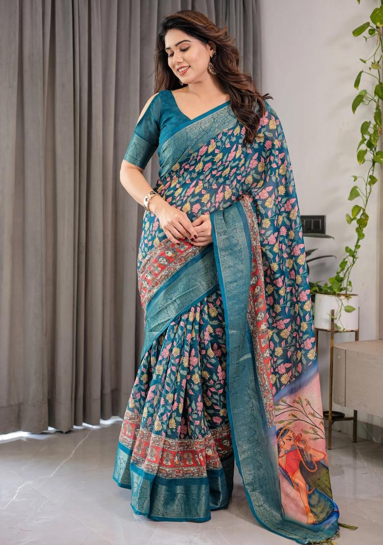 Blue Printed Cotton Linen Saree Set - Indya