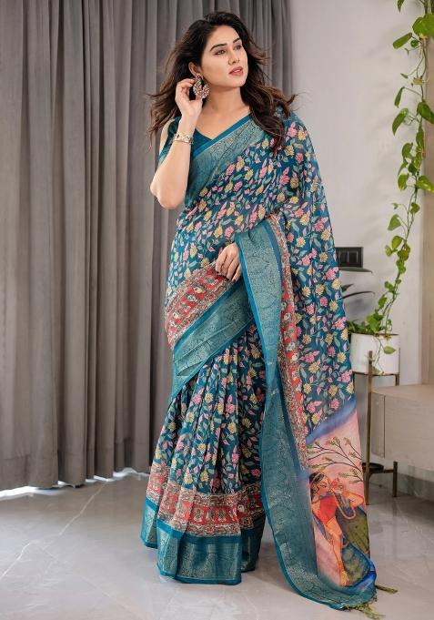 Blue Printed Cotton Linen Saree Set