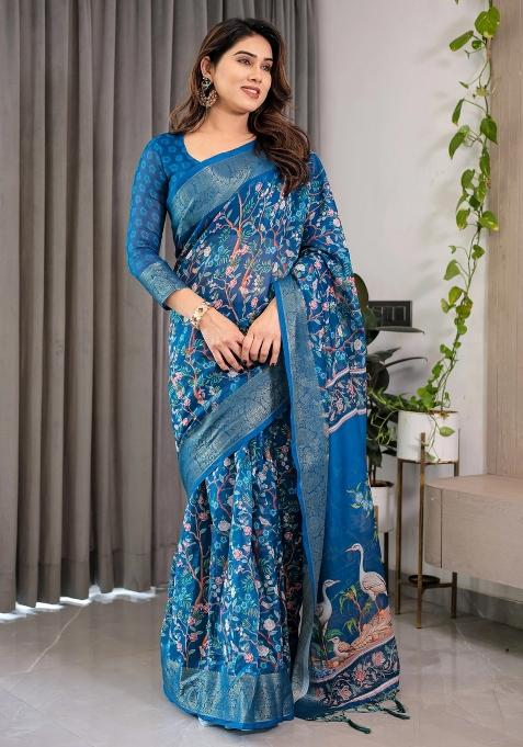 Blue Printed Cotton Linen Saree Set